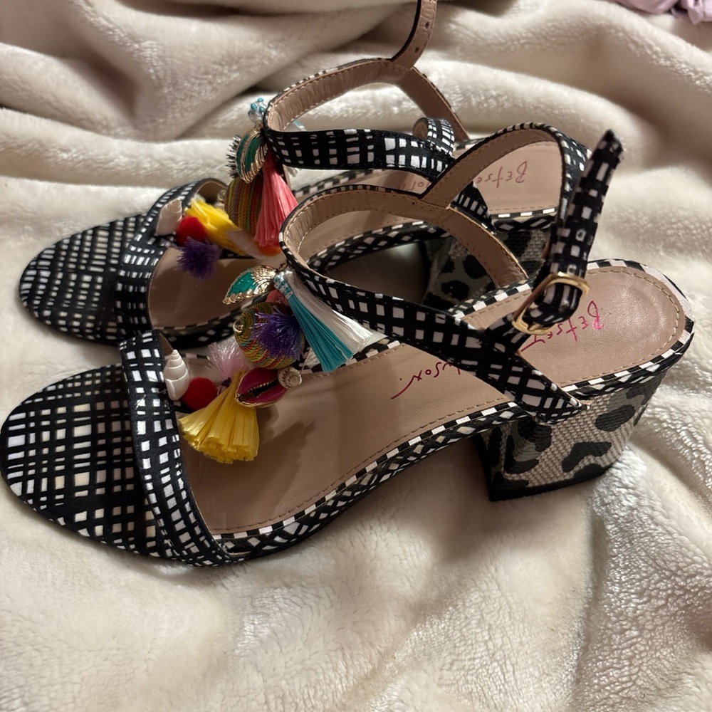 Betsey Johnson Black and White Checkered Sandals with Colorful Tassels